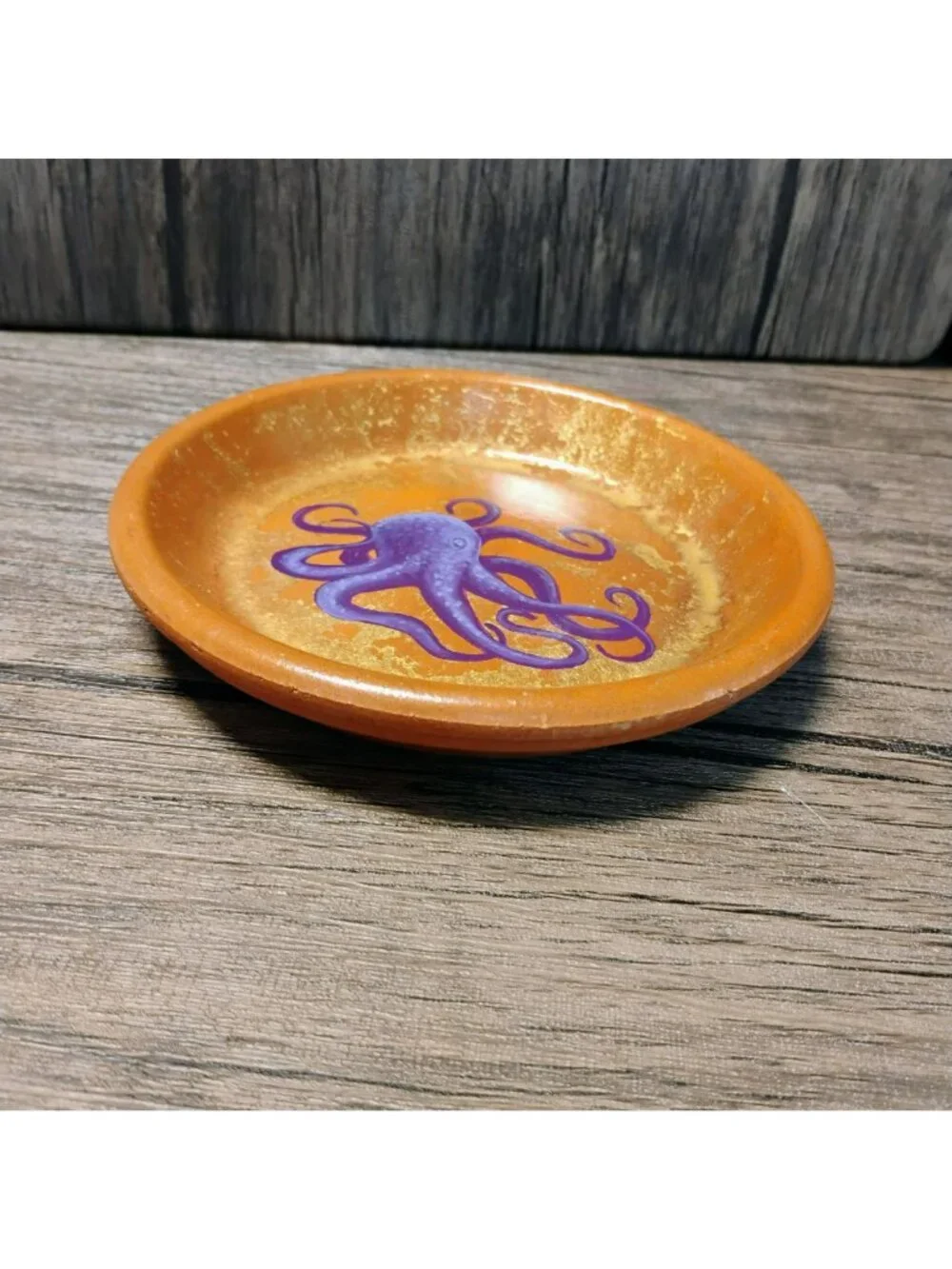 Hand-Painted Terracotta Dish, Purple Octopus, Gold Accents, 6